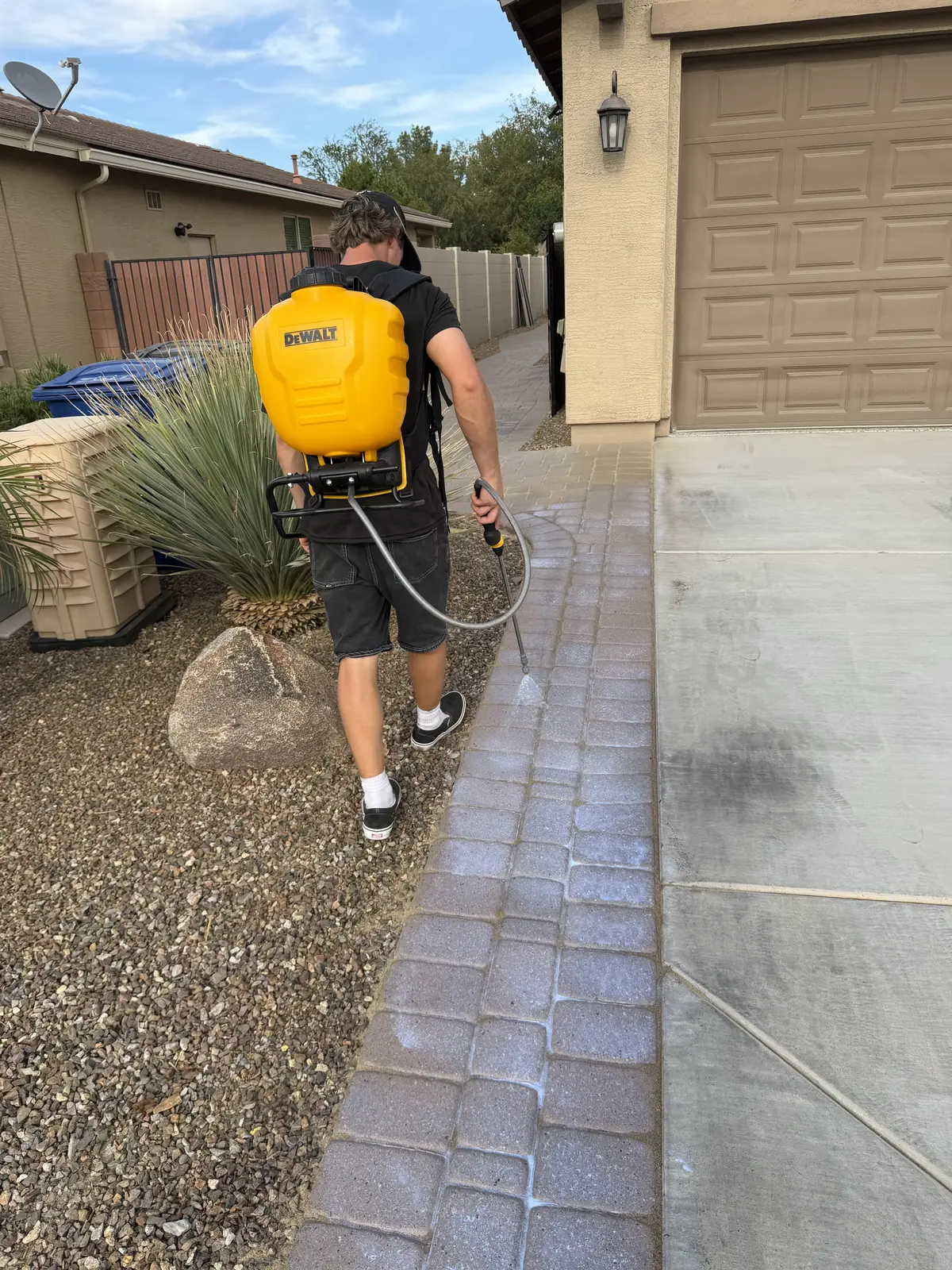 A crew member walking a paver side yard with a yellow backpack sprayer, spraying the pavers beside the driveway